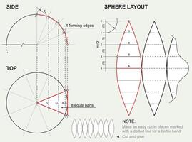 Unfolding 3D ball figure. Descriptive geometry, plan scheme for sphere layout. Technical drawing on orthogonal projections. Unwrapping globe shape. Engineering graphics educational poster vector