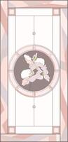 Stained-glass panel in a rectangular frame. Classic window, with orchid, abstract floral arrangement of buds and leaves in the tiffany technique. Window frame border, geometric pattern vector