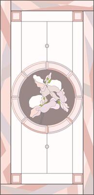 Stained-glass panel in a rectangular frame. Classic window, with orchid, abstract floral arrangement of buds and leaves in the tiffany technique. Window frame border, geometric pattern