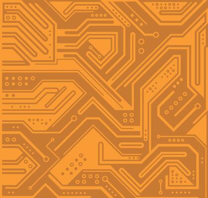 Circuit board, technology orange background. Digital electronic texture, high tech pattern