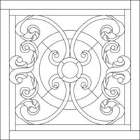 Stained glass in square frame, window on the ceiling in square frame, symmetric composition, panel for window. Outline vector