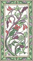 Stained-glass panel in a rectangular frame. Classic window, abstract floral arrangement of buds and leaves in the art Nouveau style vector