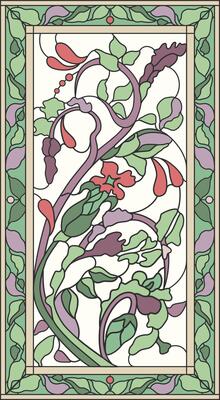 Stained-glass panel in a rectangular frame. Classic window, abstract floral arrangement of buds and leaves in the art Nouveau style