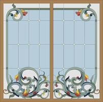 Stained-glass panel in a rectangular frame, abstract floral arrangement of buds and leaves in the art Nouveau style. Decorative design of the window or door vector