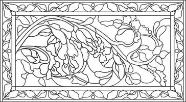 Outline sketch of stained glass panel edged with openwork frame. Abstract swirls and flowers with vintage ornaments. Decorative design of the window or door. Contour forging illustration vector