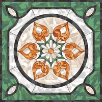 Ceiling panels stained glass window. Abstract Flower, swirls and leaves in square frame, geometric ornament, symmetric composition, tiffany technique, classic style vector