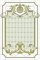 Stained-glass window decoration panel in a rectangular frame, abstract floral arrangement of buds and leaves in the baroque style. Stained glass colorful vector