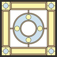 Ceiling panels stained glass window. Square frame, geometric ornament, symmetric composition, tiffany technique, classic style vector