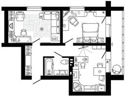 Apartment house floor plan with furniture arrangement. Interior design view from above. vector