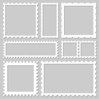 Blank rectangle and square postage stamps, with a shadow isolated on gray background. Empty template paper mark symbol of delivery correspondence. Frame border vector