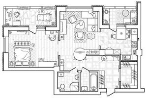 Floor plan with furniture in top view. Architectural set of furniture thin line icons. Detailed layout of the modern apartment. vector