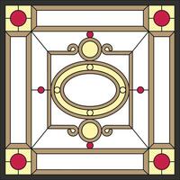 Ceiling panels stained glass window. Square frame, geometric ornament, symmetric composition, tiffany technique, classic style vector