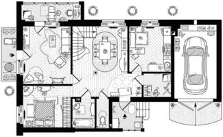 Floor plan of apartments. Layout of the cottage with a garage and balconies. A project with the arrangement of furniture in a larger private house. The furnishing of the rooms in top view vector