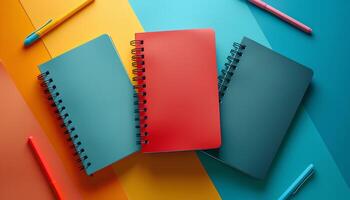Back to school notebooks isolated on fun background. notebooks as stationery essentials for back to school season. Colorful notebook for classroom and students photo