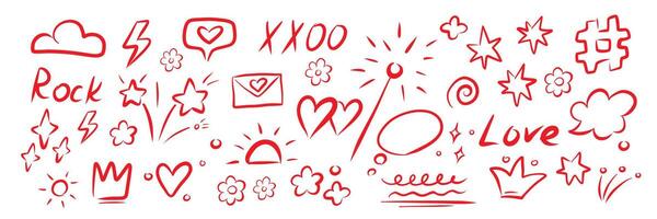 Hand drawn various elements. Charcoal or pencil drawn rough red elements. vector
