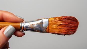 Hand holding a paintbrush as concept for art class and other creative endeavours. Colourful paintbrush with paint strokes on simple white background for art class. Painting photo