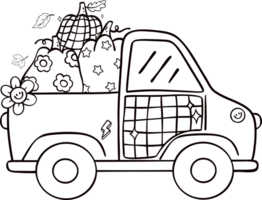 Groovy retro autumn harvest pumpkin truck hippie cartoon coloring outline doodle playful and vibrant fall season illustration. png