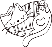 Groovy retro autumn sleeping cat hippie cartoon coloring outline doodle playful and vibrant fall season illustration. png