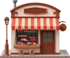 a small shop with a red awning and a table png