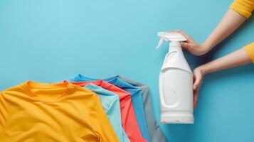A white laundry detergent bottle, next to it there are hands of a woman placing a folded shirt. photo