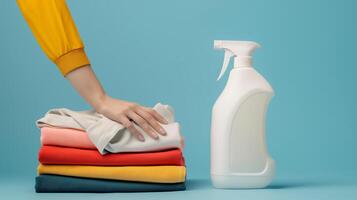 A white laundry detergent bottle, next to it there are hands of a woman placing a folded shirt. photo