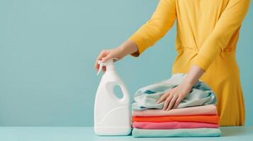 A white laundry detergent bottle, next to it there are hands of a woman placing a folded shirt. photo