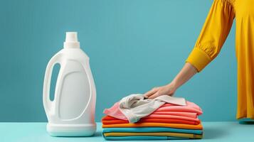 A white laundry detergent bottle, next to it there are hands of a woman placing a folded shirt. photo