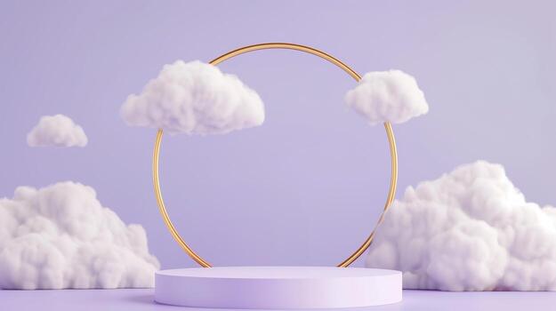3d icon, minimalistic white podium with clouds and golden ring on purple background. photo