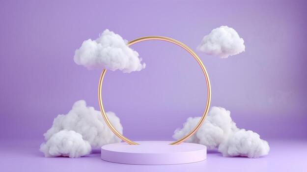 3d icon, minimalistic white podium with clouds and golden ring on purple background. photo