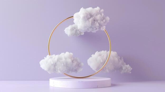 3d icon, minimalistic white podium with clouds and golden ring on purple background. photo