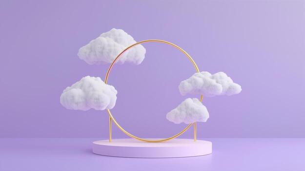 3d icon, minimalistic white podium with clouds and golden ring on purple background. photo