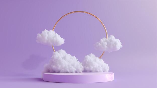 3d icon, minimalistic white podium with clouds and golden ring on purple background. photo