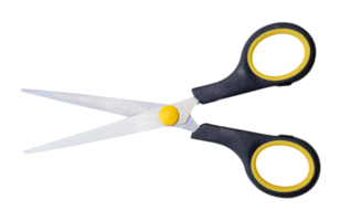 Top view of pair of multipurpose scissors with black and yellow handle isolated in file format png