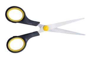 Top view of pair of multipurpose scissors with black and yellow handle isolated in file format png