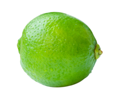 Side view of single fresh green lemon fruit with drops isolated with clipping path in file format png