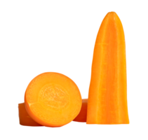Front view of orange carrot slices or pieces in stack isolated in file format png