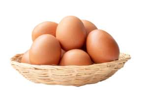 Front view of brown chicken eggs in stack in wicker basket isolated with clipping path in file format png