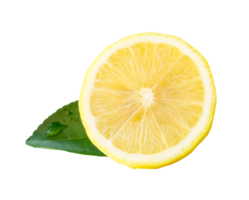 Front view of yellow lemon half with green leaf isolated with clipping path in file format png