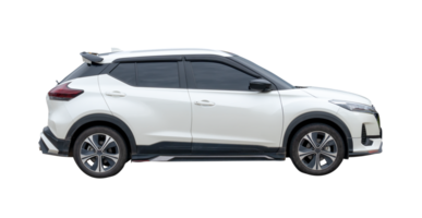 Side view of white hatchback car isolated with clipping path in file format png