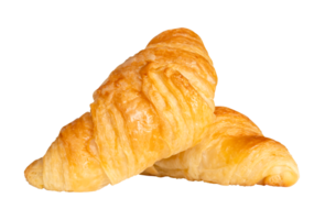 Side view of golden croissants in stack isolated with clipping path in file format png