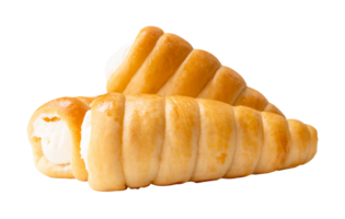 Side view of puff pastry cream horns in stack isolated with clipping path in file format png