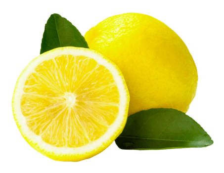 Front view of fresh yellow lemon fruit with half and green leaves isolated with clipping path in file format png