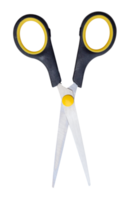 Top view of pair of multipurpose scissors with black and yellow handle isolated with clipping path in file format png
