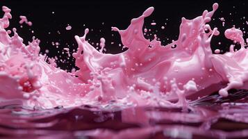 Pink fluid with tiny bubbles and tendrils on a black background. photo
