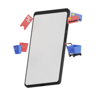 3d render smartphone with white space screen for mockup with Shopping concept. Transparent background illustration png