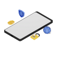 3d render isometric smartphone with white space screen for mockup with Cyber Security concept. Transparent background illustration png