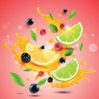Fresh Blackberry, cherries, lime slices with splash background vector