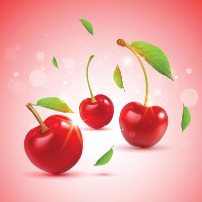 Illustration of two red cherries with a green leaf on their stems, set against a white background