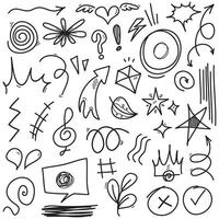 Doodle set of hand-drawn cartoony expression sign doodle, curve directional arrows, emoticon effects design elements, cartoon character emotion symbols, cute decorative brush stroke lines. vector