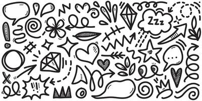 Doodle set of hand-drawn cartoony expression sign doodle, curve directional arrows, emoticon effects design elements, cartoon character emotion symbols, cute decorative brush stroke lines. vector